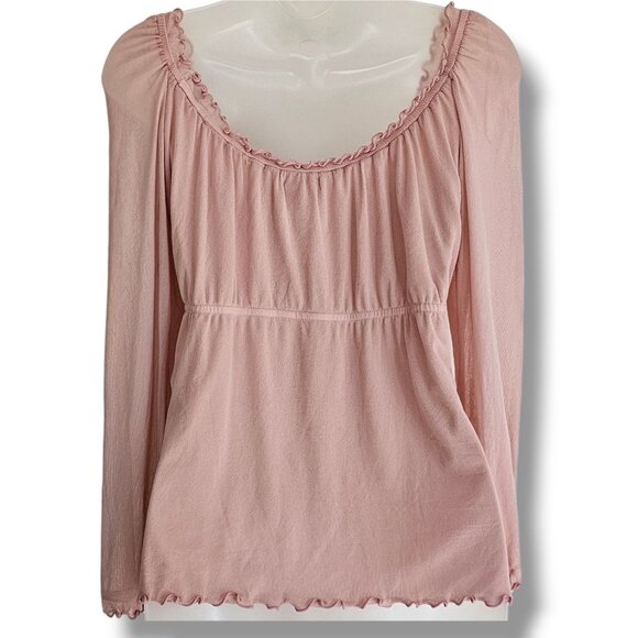 Y2K 90s Guess Babydoll Peasant Top Womens M Pink Mesh Semi-Sheer Ruffle Fairy - Picture 6 of 10